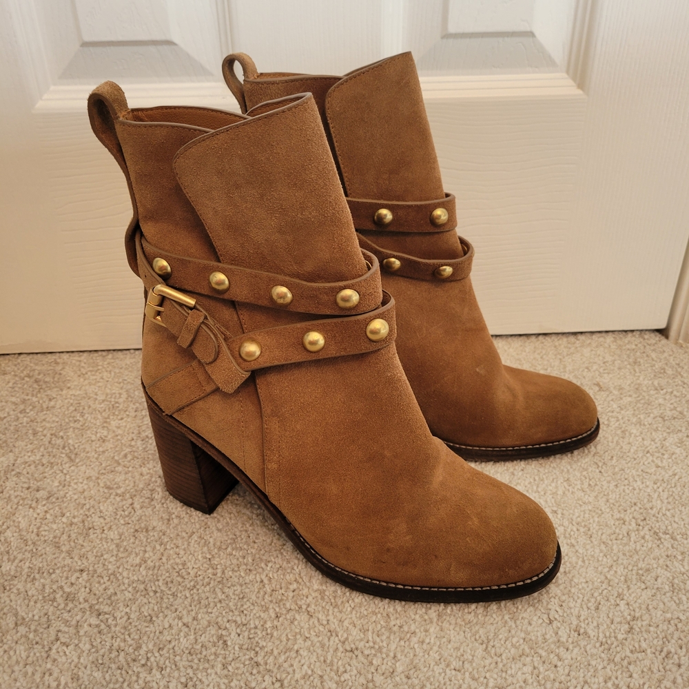 Tan Suede Ankle Boots with Gold Studs